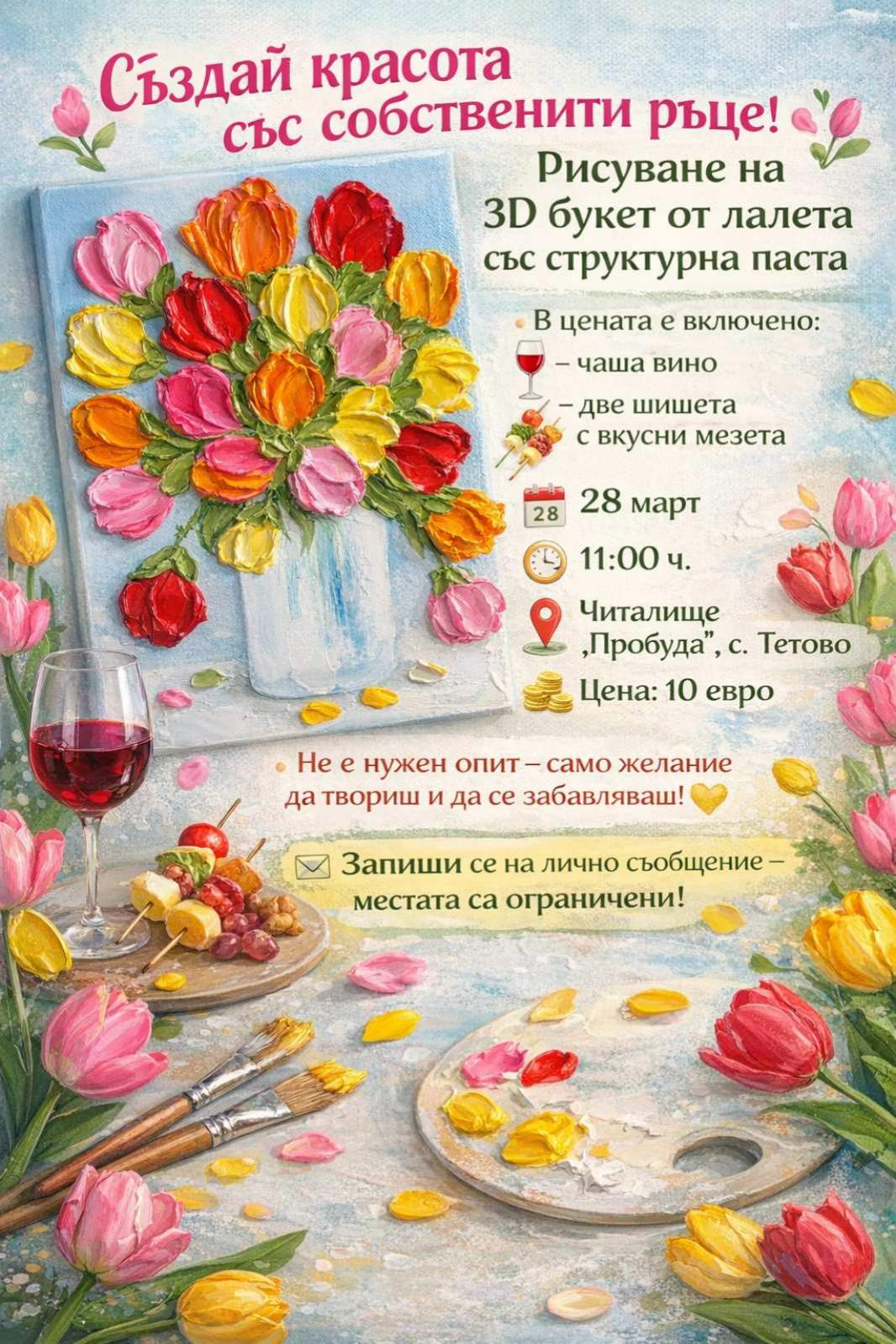 Рисуване на 3D букет от лалета със структурна паста